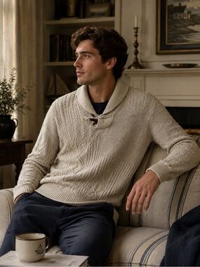 Tommy Hilfiger Linen Cotton Shawl Collar Cable Knit Sweater Men Medium Coastal